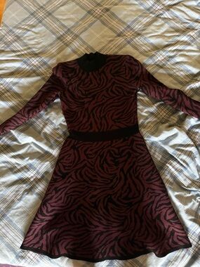 HUGO Burgundy and Black Zebra-Print Long Sleeve Fit & Flare Dress